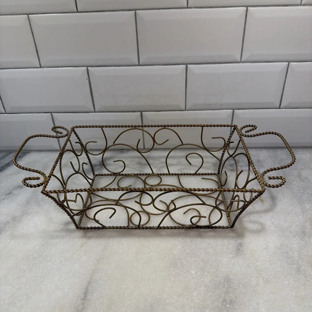 Metal Twisted Wire Basket Gold Tone Brass Look Handles Centerpiece Table Decor